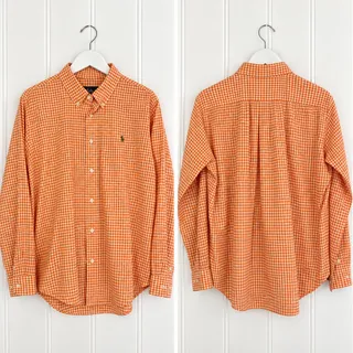 Photo of Polo Ralph Lauren Shirt Mens XL Orange White Gingham Classic Fit Cotton Pony