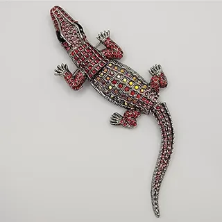 Photo of Crocodile Alligator Multi Red Rhinestones Brooch Silver Tone Metal Articulated