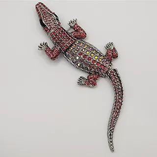 Photo of Crocodile Alligator Multi Red Rhinestones Brooch Silver Tone Metal Articulated