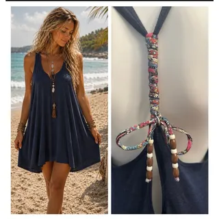 Photo of Lucky Brand Navy Blue Swim Coverup Dress Medium Beaded Racerback Beach Boho
