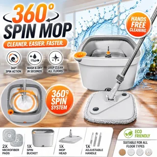 Photo of KZKR Spin Mop & Bucket System Includes Spin Mop Dual Compartment Mop Bucket Set
