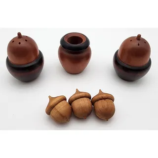 Photo of Vintage Hand-Carved Wooden Acorn Salt & Pepper Shakers + Toothpick Holder Set