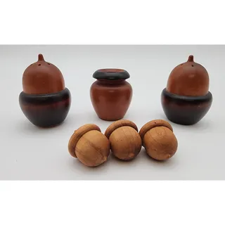 Photo of Vintage Hand-Carved Wooden Acorn Salt & Pepper Shakers + Toothpick Holder Set
