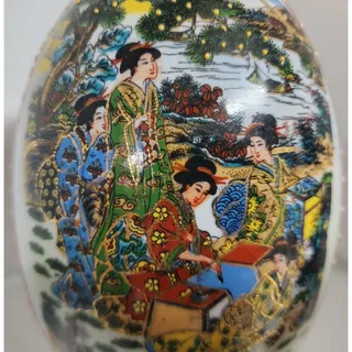 Photo of Japanese Porcelain Egg w/ Geisha Garden Scene Gold Gilt Raised Relief -Wood Base
