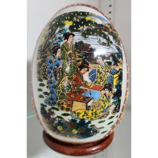 Photo of Japanese Porcelain Egg w/ Geisha Garden Scene Gold Gilt Raised Relief -Wood Base