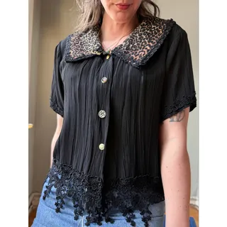 Photo of Vintage 90s Leopard Collar Lace Trim Rayon Top | Coquette Mob Wife | Size M