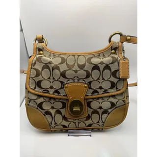 Photo of Coach Signature Canvas Shoulder Bag – Khaki/Tan | Turn-Lock Flap