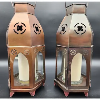 Photo of Pair Bronze Hexagon Metal Candle Lanterns w/ Glass Panels & Candles 18.5"