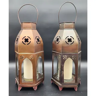 Photo of Pair Bronze Hexagon Metal Candle Lanterns w/ Glass Panels & Candles 18.5"