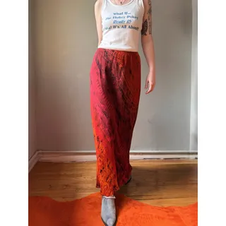 Photo of Vintage 90s Rayon Maxi Skirt | Red Orange Ombre Abstract Print | USA Made | Size 12