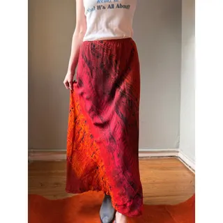 Photo of Vintage 90s Rayon Maxi Skirt | Red Orange Ombre Abstract Print | USA Made | Size 12