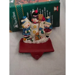 Photo of Vintage 90s Three Snowmen Resin Stocking Hanger w/ Squirrel