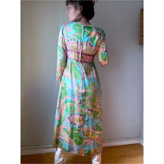 Photo of Vintage 60s Psychedelic Maxi Dress | Mod Paisley Empire Waist Gown | Size M