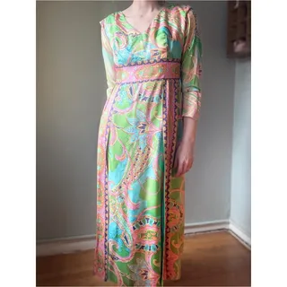 Photo of Vintage 60s Psychedelic Maxi Dress | Mod Paisley Empire Waist Gown | Size M
