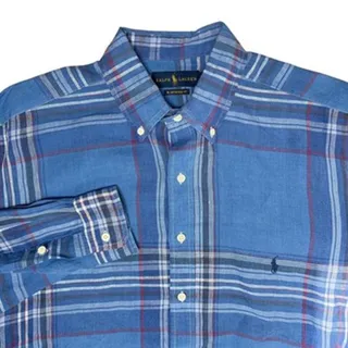 Photo of Ralph Lauren Linen Shirt Untucked Fit Men's Size Large Tall LT Blue Plaid Pony