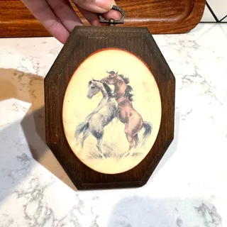 Photo of Two wild horses equestrian art wooden plaque 1970s beaded textured micro beads