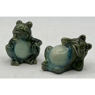 Photo of Vintage Glazed Porcelain Garden Frogs Pair Green/Blue 3x3.5 & 4x3 in