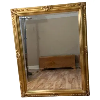 Photo of Ornate Gold Beveled Mirror 47"x37" Heavy Wood Frame Portrait Hang Vintage Style