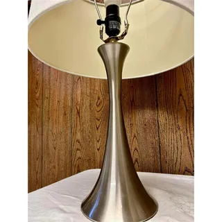 Photo of Retro Brushed Stainless Steel Table Lamp w/ Off-White Shade – 24" Tall