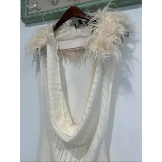 Photo of Dolls Kill plunging v neck Cream Feather-Trim collar open back Mini Dress new Lg