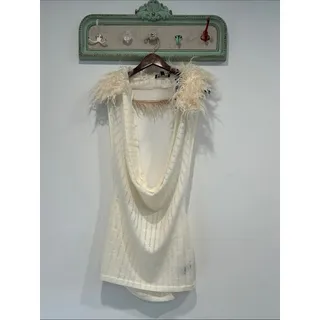 Photo of Dolls Kill plunging v neck Cream Feather-Trim collar open back Mini Dress new Lg