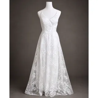 Photo of LAVETIR White Lace Applique A Line V Neck Slit Wedding Dress Bridal Gown Sz 8