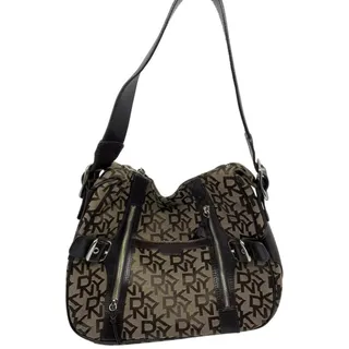 Photo of DKNY Brown Tan All Over Logo Fabric Hobo Bag