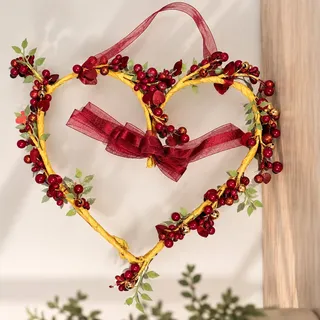 Photo of Handmade Red Berry Decorative Wreath Garland Burgundy Bow Rustic Holiday Decor
