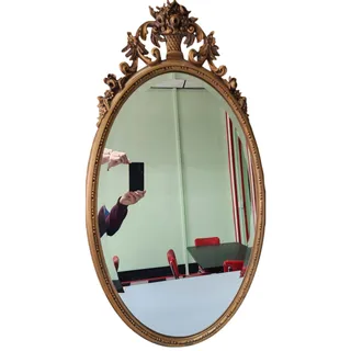 Photo of Vintage Oval Gold Wood Mirror 39.5" Beveled Glass Ornate Frame Wall Decor