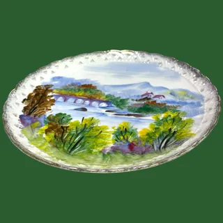 Photo of Vintage Hand Painted Porcelain Landscape Plate Pierced Rim Gold Trim 8"