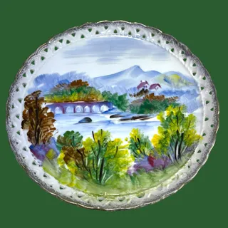 Photo of Vintage Hand Painted Porcelain Landscape Plate Pierced Rim Gold Trim 8"
