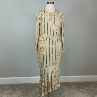 Photo of Mac Duggal 93627 Gold Evening Gown Sequined Long Sleeve High Low Dress Size 16
