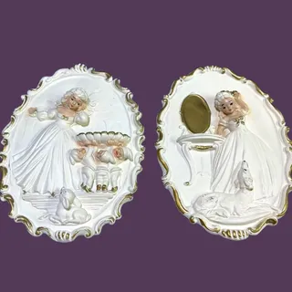 Photo of Vintage 1950s Chalkware Lady Wall Plaques Set Dogs Babies Vanity Gold Rococo