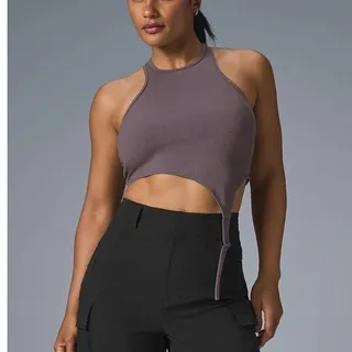Photo of Alo Yoga Alosoft Asymetrical Ribbed Tank Top Small Brown Athletic Yoga Sporty