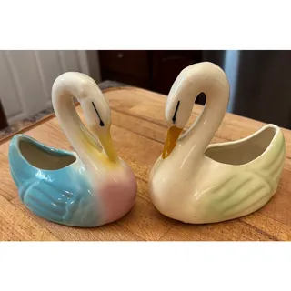 Photo of Vintage Shawnee Pottery Pastel Swan Planters Pair 1940s 1950s Mid Century
