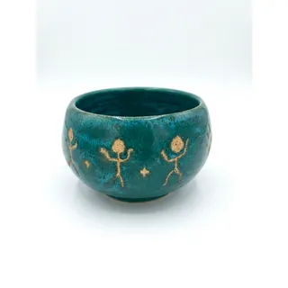 Photo of Vintage Southwest Studio Pottery Teal Glazed Kokopelli Tribal Bowl Celestial