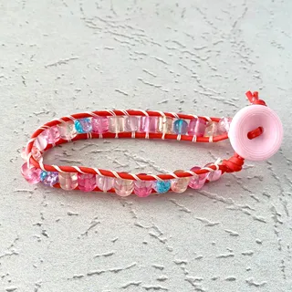 Photo of Pink Orange Red Crackle Glass Red Wrap Bracelet - Single Wrap - Pink Button