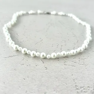 Photo of White Glass Pearl Necklace - Knotted 6mm and 4mm Round Pearls - White 18 Inch