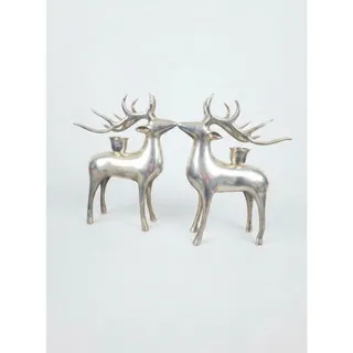 Photo of Set 2, Pottery Barn Silver Plate Reindeer Taper Candle Holder Christmas Heavy 8”