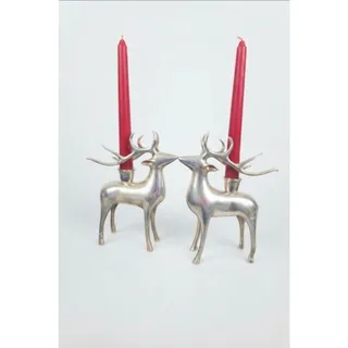 Photo of Set 2, Pottery Barn Silver Plate Reindeer Taper Candle Holder Christmas Heavy 8”