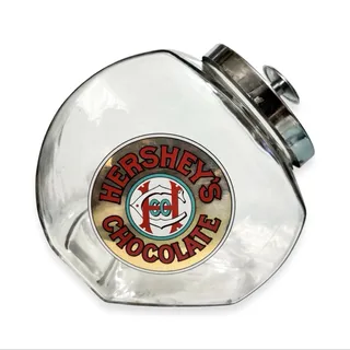 Photo of Vintage 1980s Hershey’s Chocolate Glass Tilt Candy Jar Chrome Lid Advertising