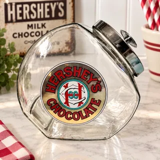 Photo of Vintage 1980s Hershey’s Chocolate Glass Tilt Candy Jar Chrome Lid Advertising