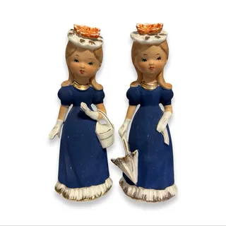 Photo of Vintage Tilso Japan Twin Girl Figurines Set Blue Dress Umbrella Purse 8” MCM