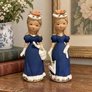 Photo of Vintage Tilso Japan Twin Girl Figurines Set Blue Dress Umbrella Purse 8” MCM