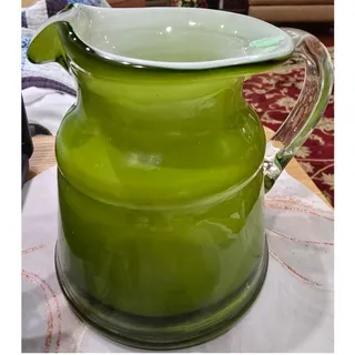 Photo of Blown-Glass Green Outside White Inside Pitcher with Clear Glass Handle 4.5" tall