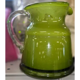 Photo of Blown-Glass Green Outside White Inside Pitcher with Clear Glass Handle 4.5" tall