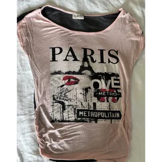 Photo of Women’s Free Kisses Pink and Black Shirt with Paris Eiffel Tower Graphic Size L