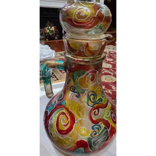 Photo of Hand-Painted Glass Oil & Vinegar Cruet with Lid - 7.5" (Gold, Red, Turquoise)