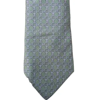 Photo of Vintage Hermès 100% Silk Men's Green Tie With Blue Geometric Designs W Tie Caddy