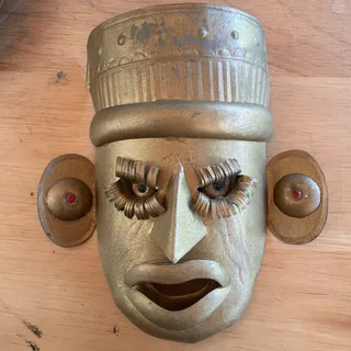 Photo of 3 VNTG Mexican Tin Metal Masks Beaded Eyes Folk Art Primitive Style Tribal 6”x5”